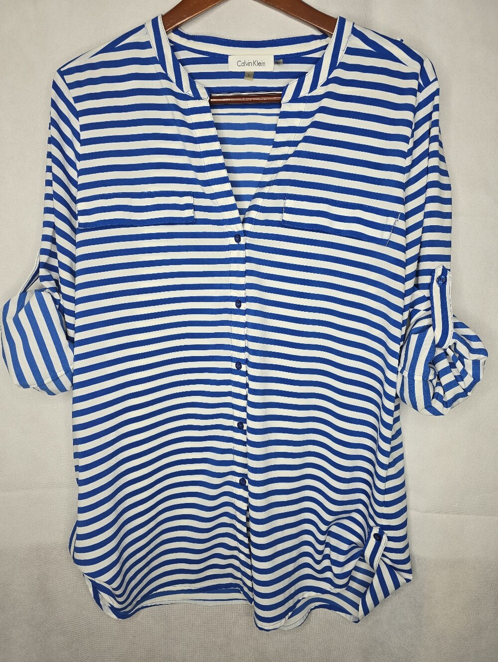 Calvin Klein Striped Blouse Blue White Roll Tab Sleeve V-neck Nautical Coastal L